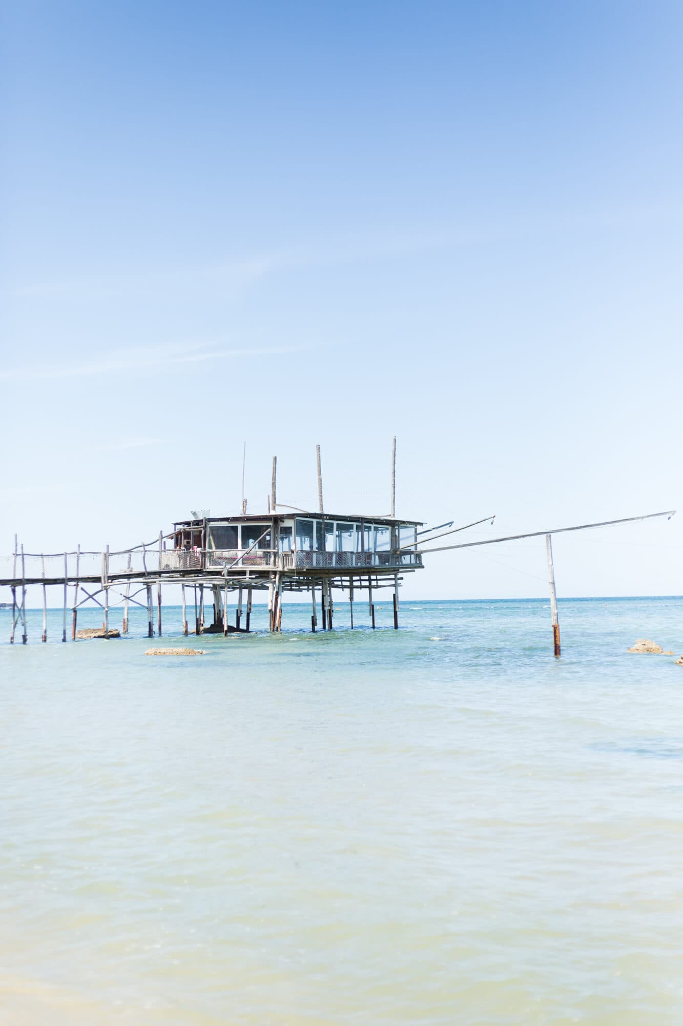 Traditional trabocco fishing platform on stilts in the Adriatic Sea along the Trabocchi coast